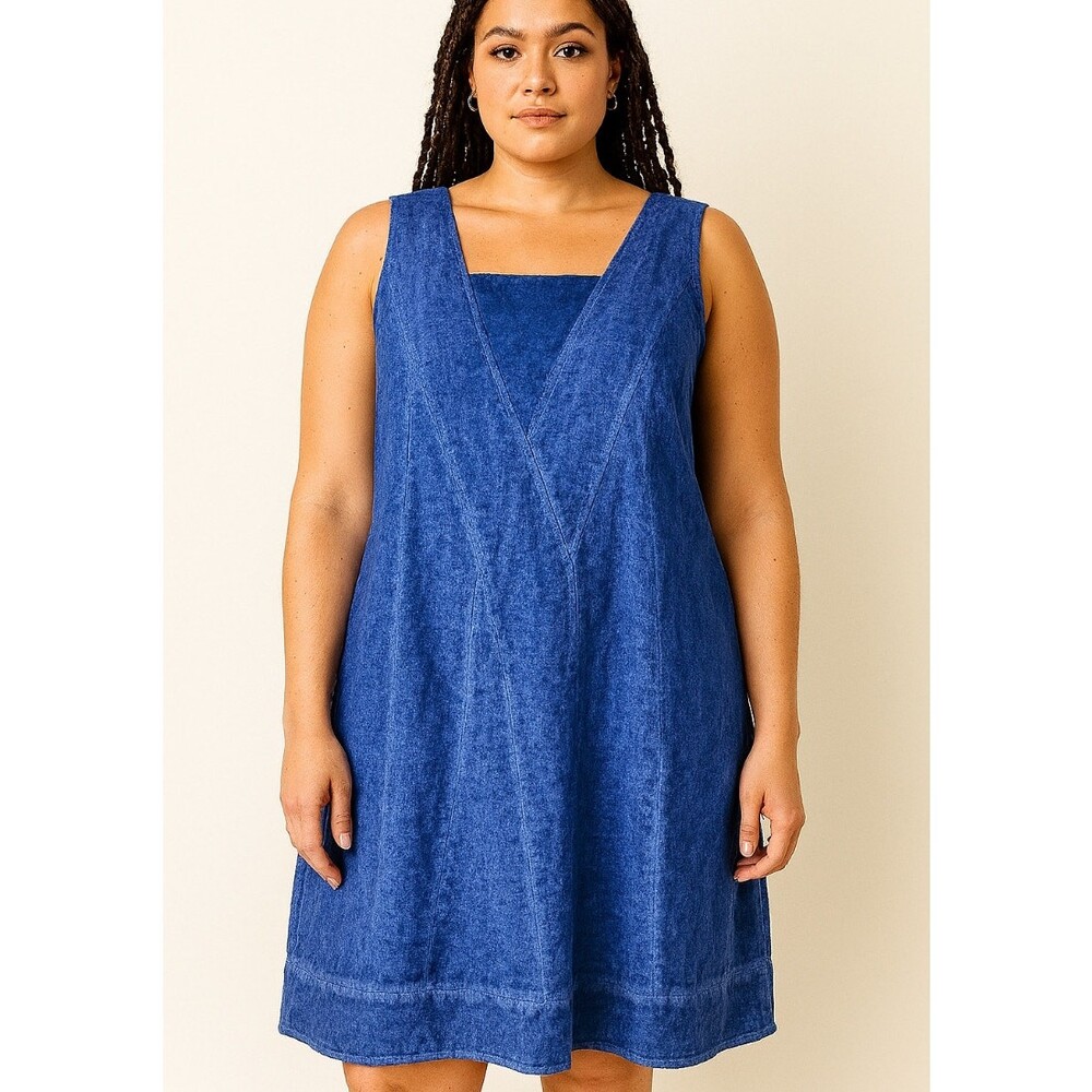Soft Surroundings Midi Dress Blue 100% Linen Sleeveless Relaxed Fit Sz Lg